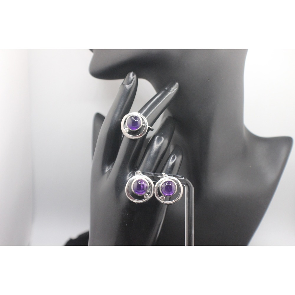 Sterling Silver purple gemstones Modernist Ring and Earrings Set Size 7.25
